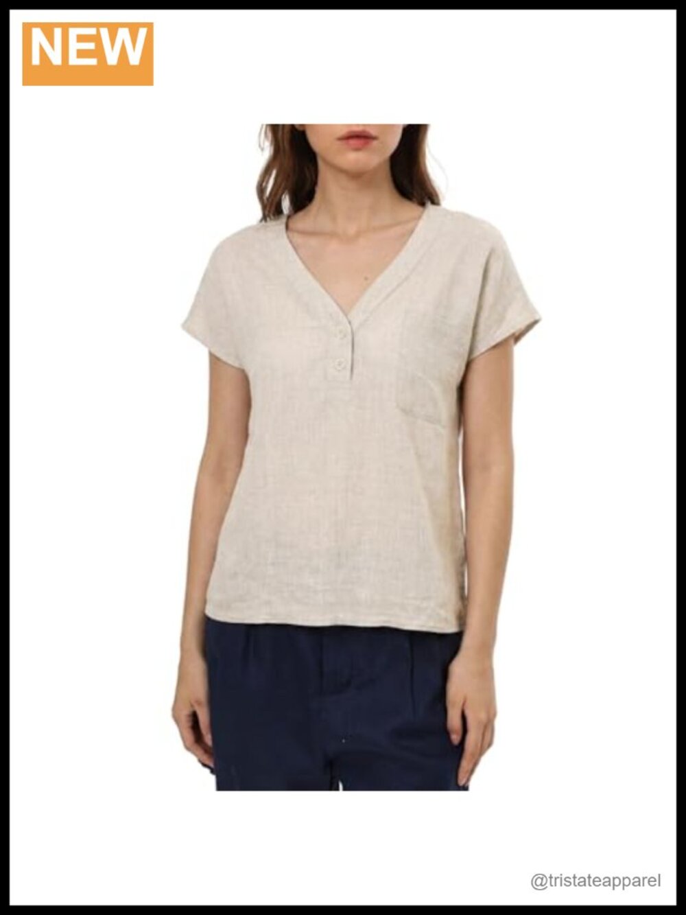100% Linen Women's Cap Sleeve Blouse V-Neck Relaxed Fit Summer Top